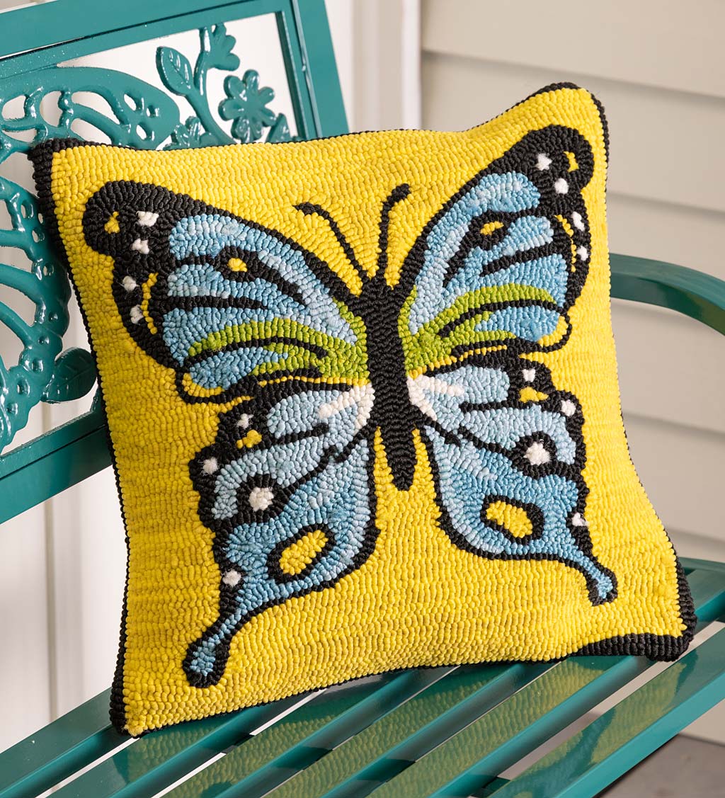 Indoor/Outdoor Yellow Butterfly Hand Hooked Polypropylene Throw Pillow