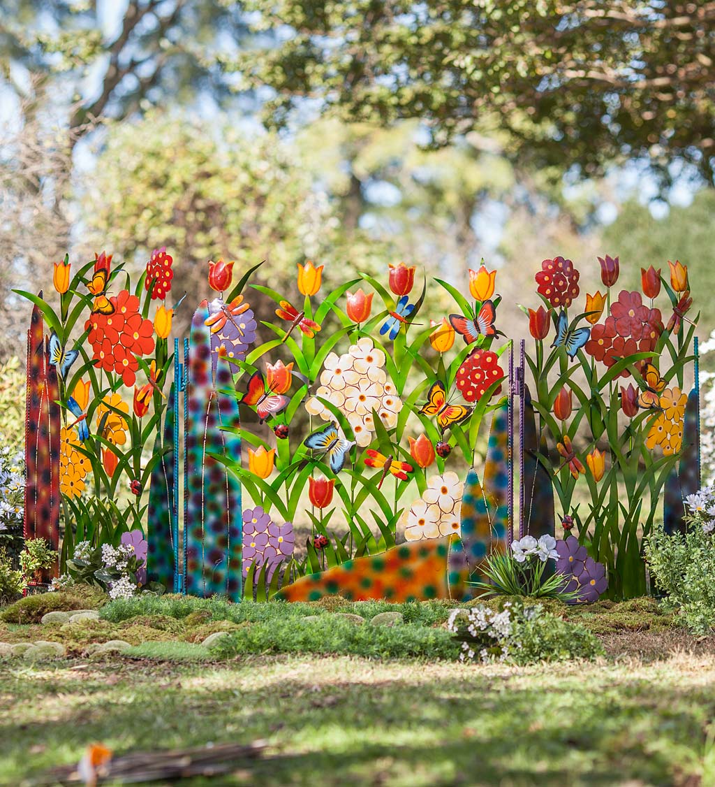 Colorful Metal 3-Panel Butterfly and Flower Garden Screen