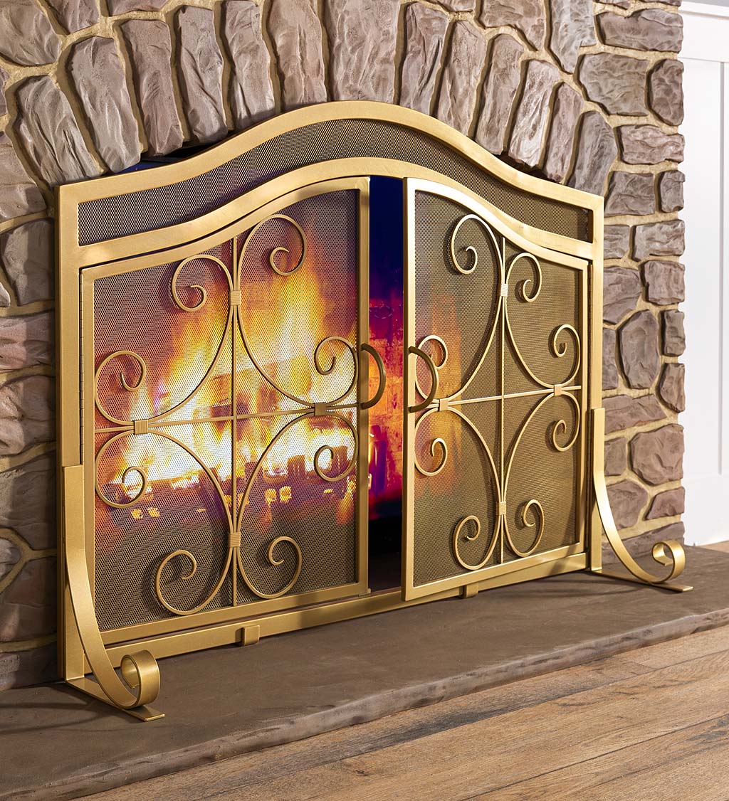 Large Steel Crest Fireplace Screen with Doors and Wrought Iron Scrollwork