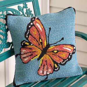 Indoor/Outdoor Blue Butterfly Hand Hooked Polypropylene Throw Pillow