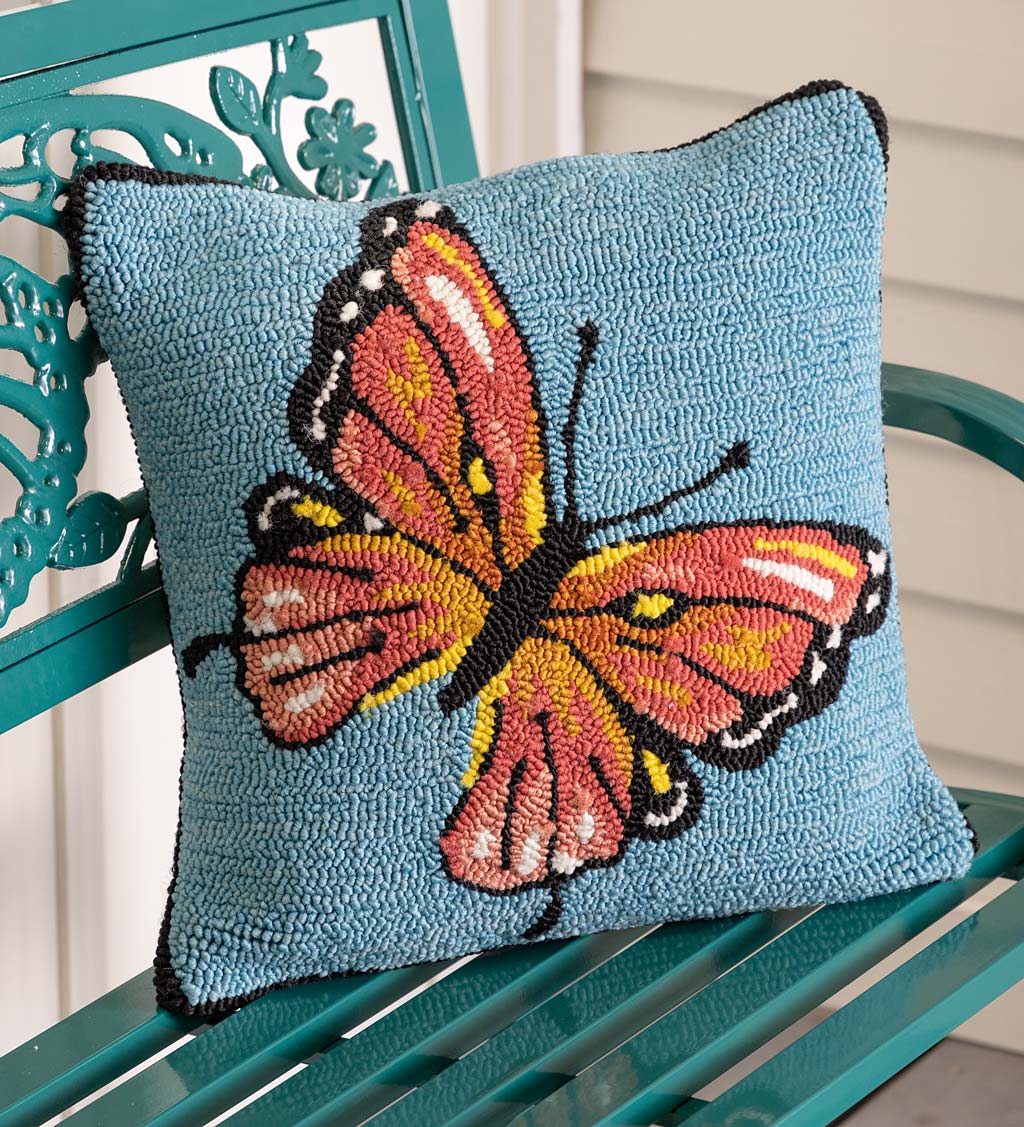Indoor/Outdoor Blue Butterfly Hand Hooked Polypropylene Throw Pillow