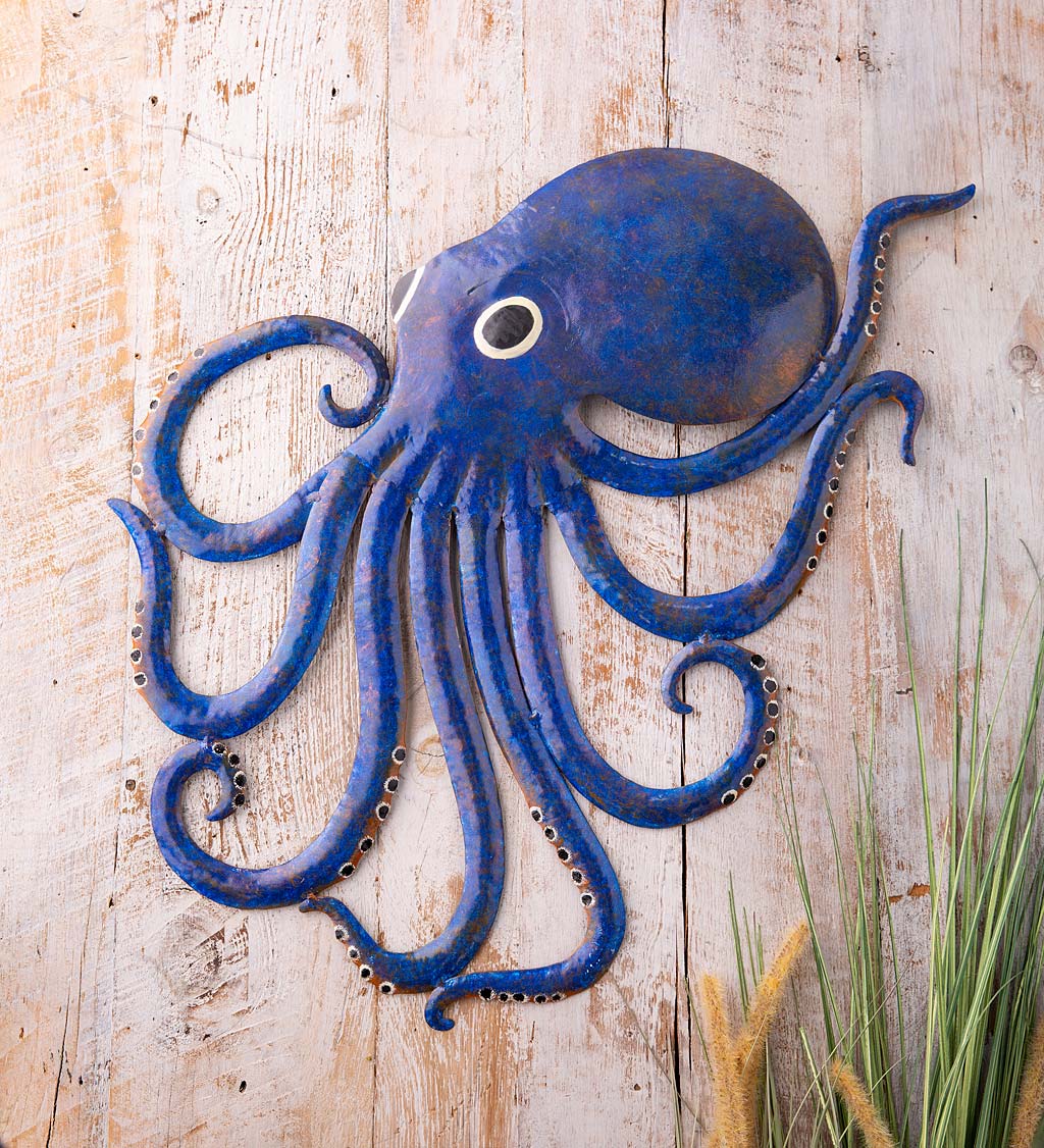 Hand-Cut and Painted Blue Octopus Wall Art