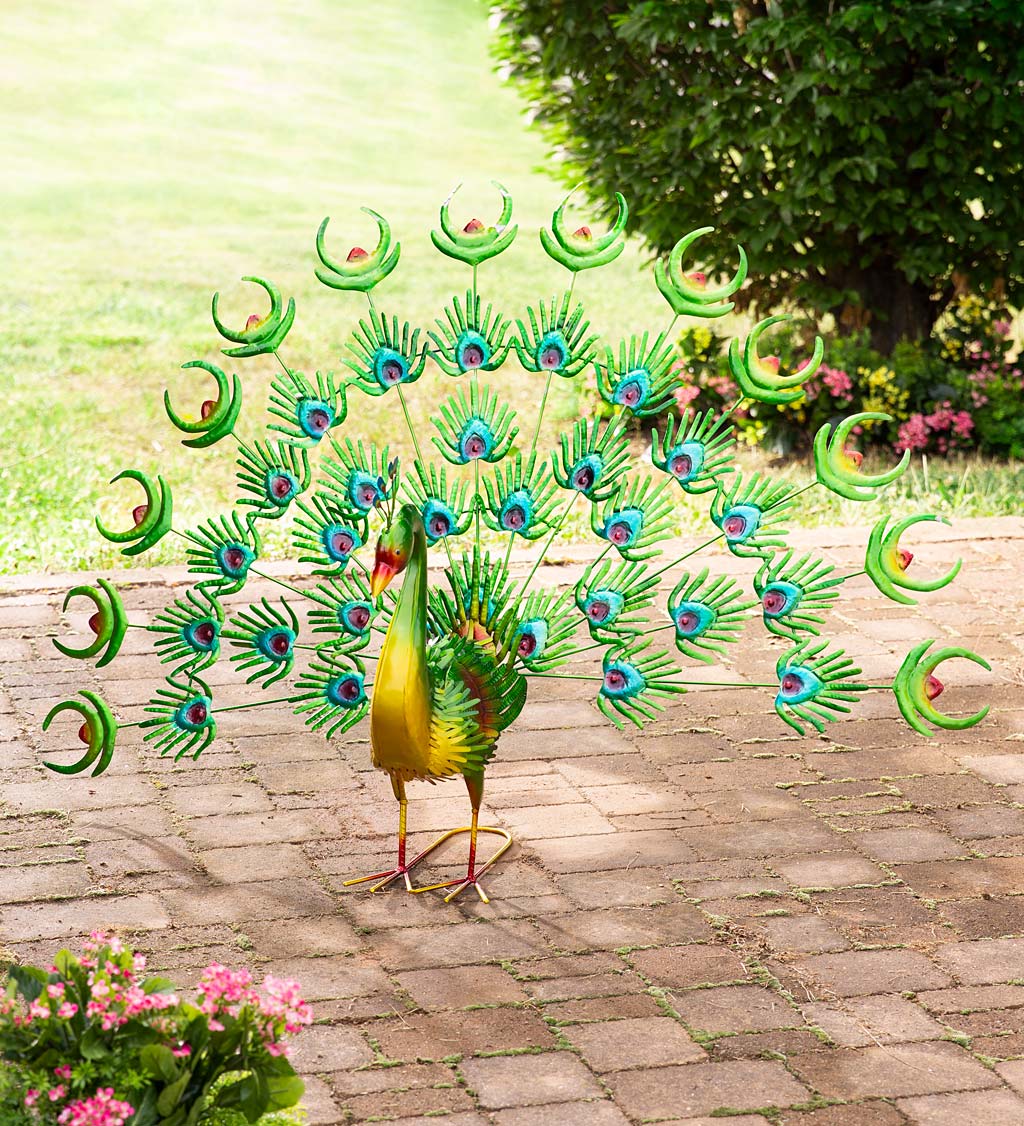 Colorful Metal Indoor/Outdoor Standing Peacock Sculpture