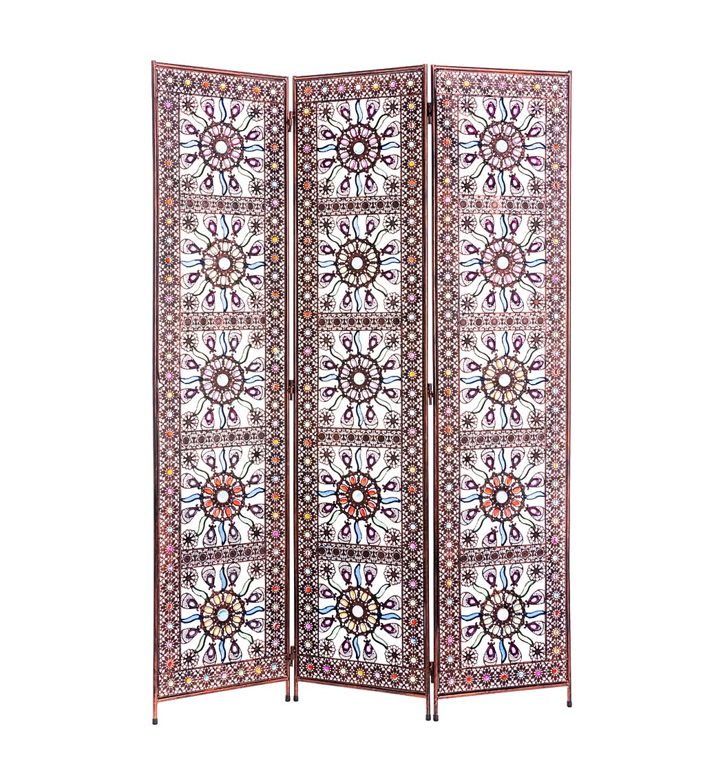 Three-Panel Metal Sunburst Screen with Weathered Copper-Colored Finish and Colorful Acrylic Jewels for Indoor Display Only