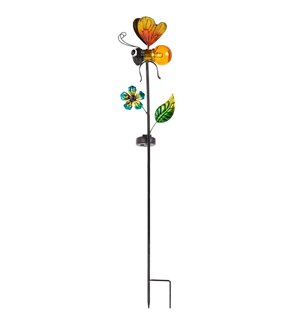 Solar-Powered Metal and Glass Insect and Flower Garden Stake swatch image