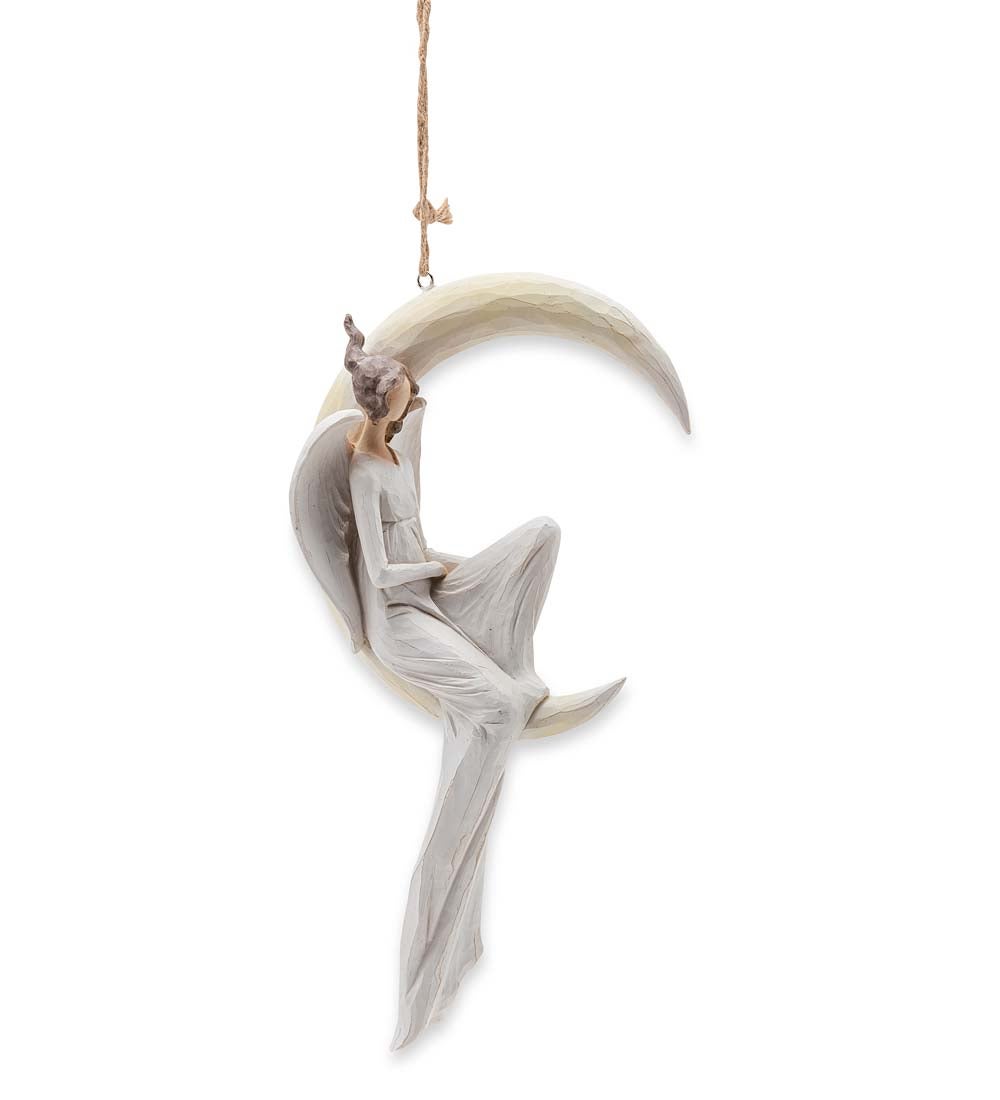 Angel Sitting on Crescent Moon Indoor/Outdoor Hanging Sculpture
