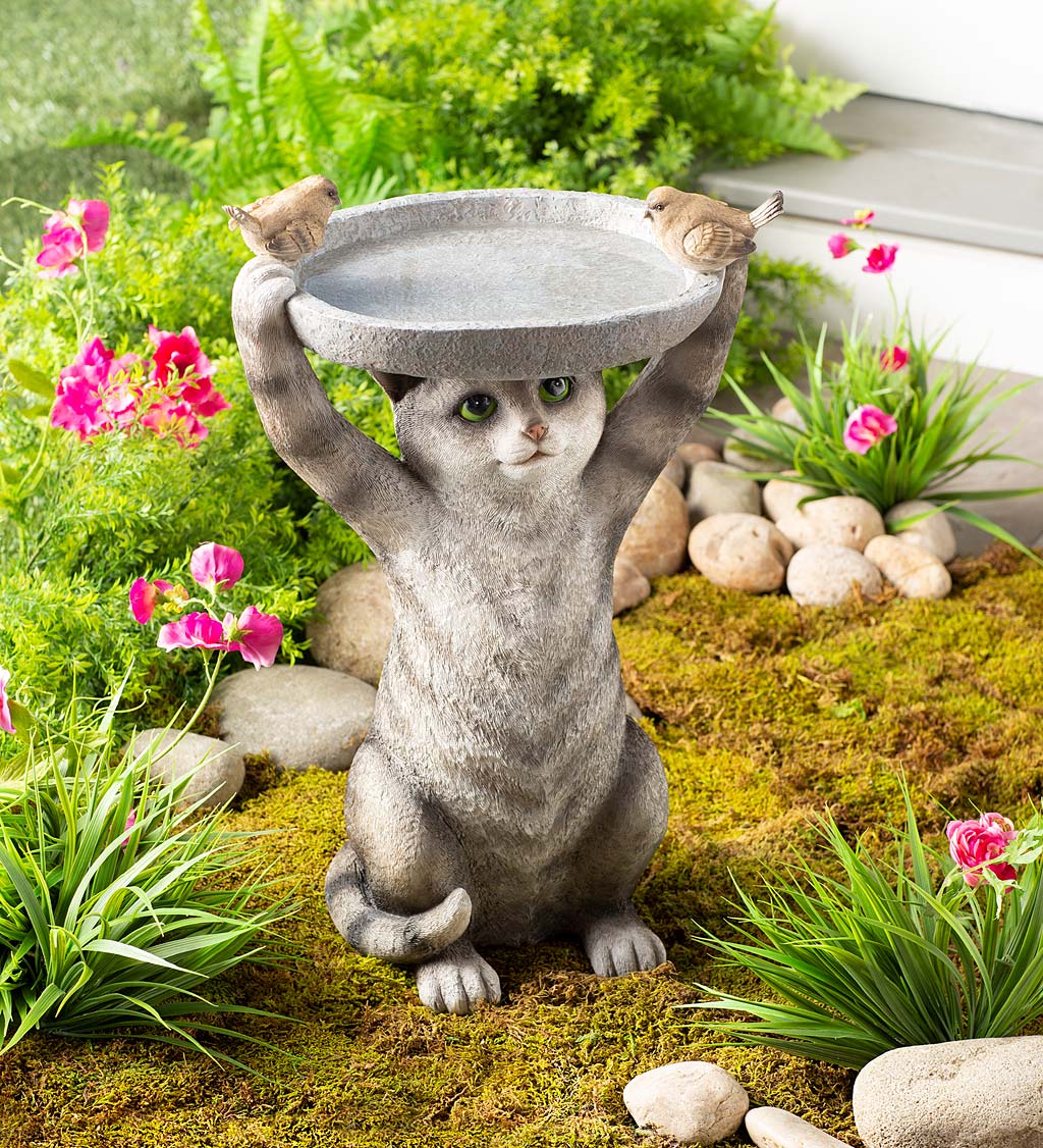 Whimsical Gray Tabby Cat with Birds Birdbath Garden Accent