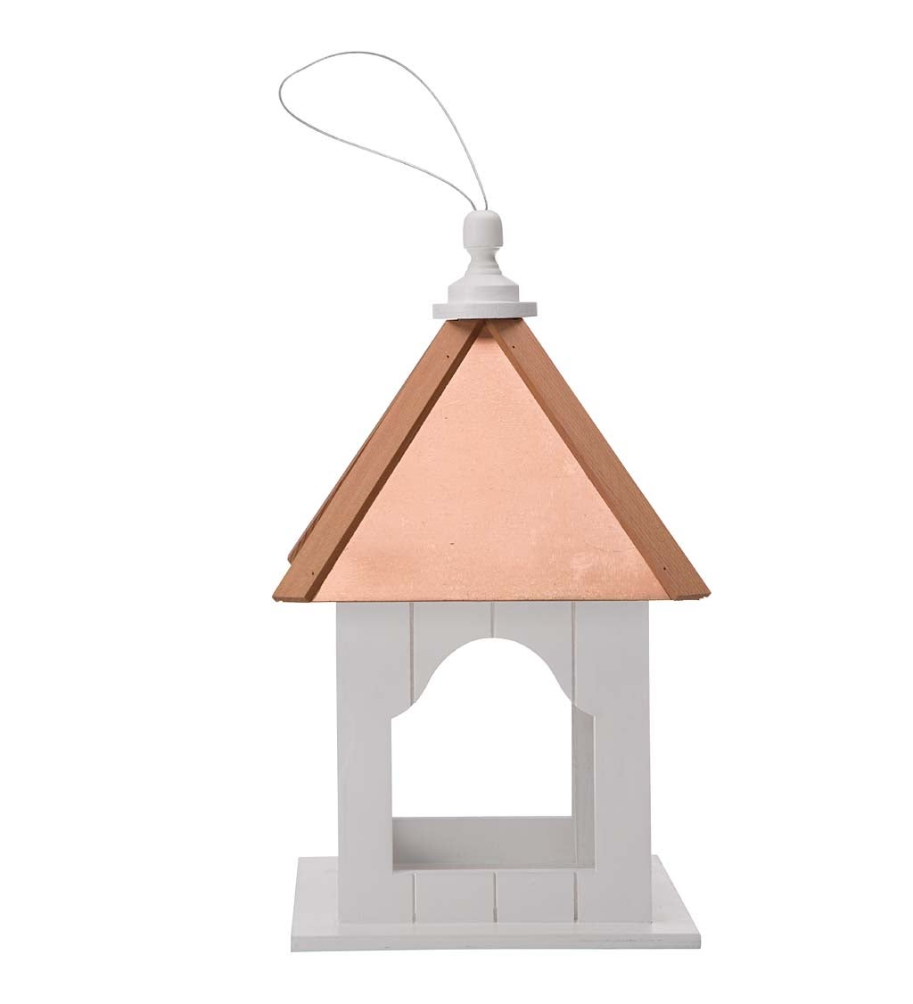 Madison White Wood Bird Feeder with Real Copper Roof with Cedar Edging