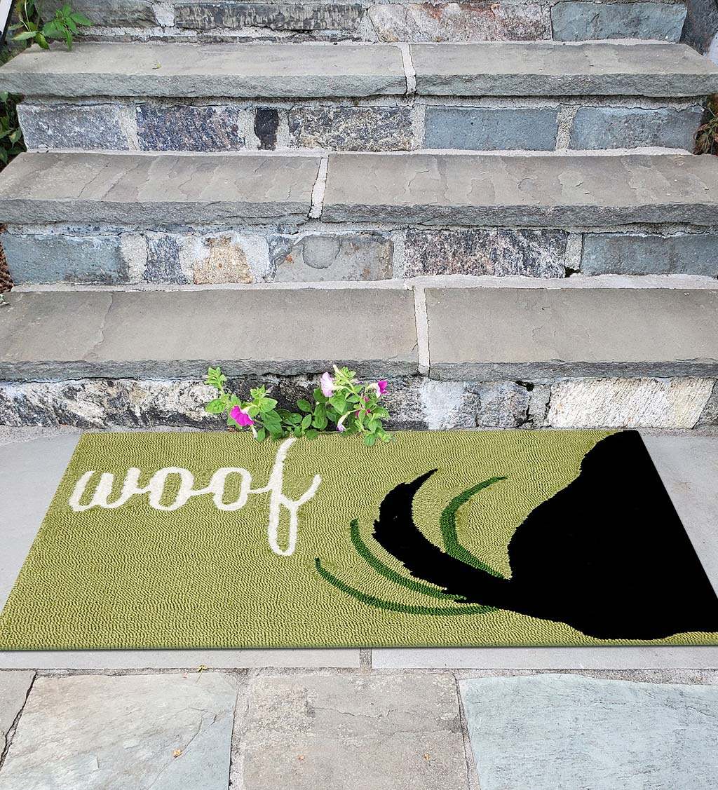 Hand-Hooked "Woof" Dog Wagging Doormat