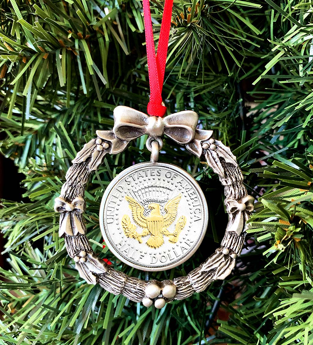 Two-Tone JFK Half Dollar Wreath Christmas Ornament