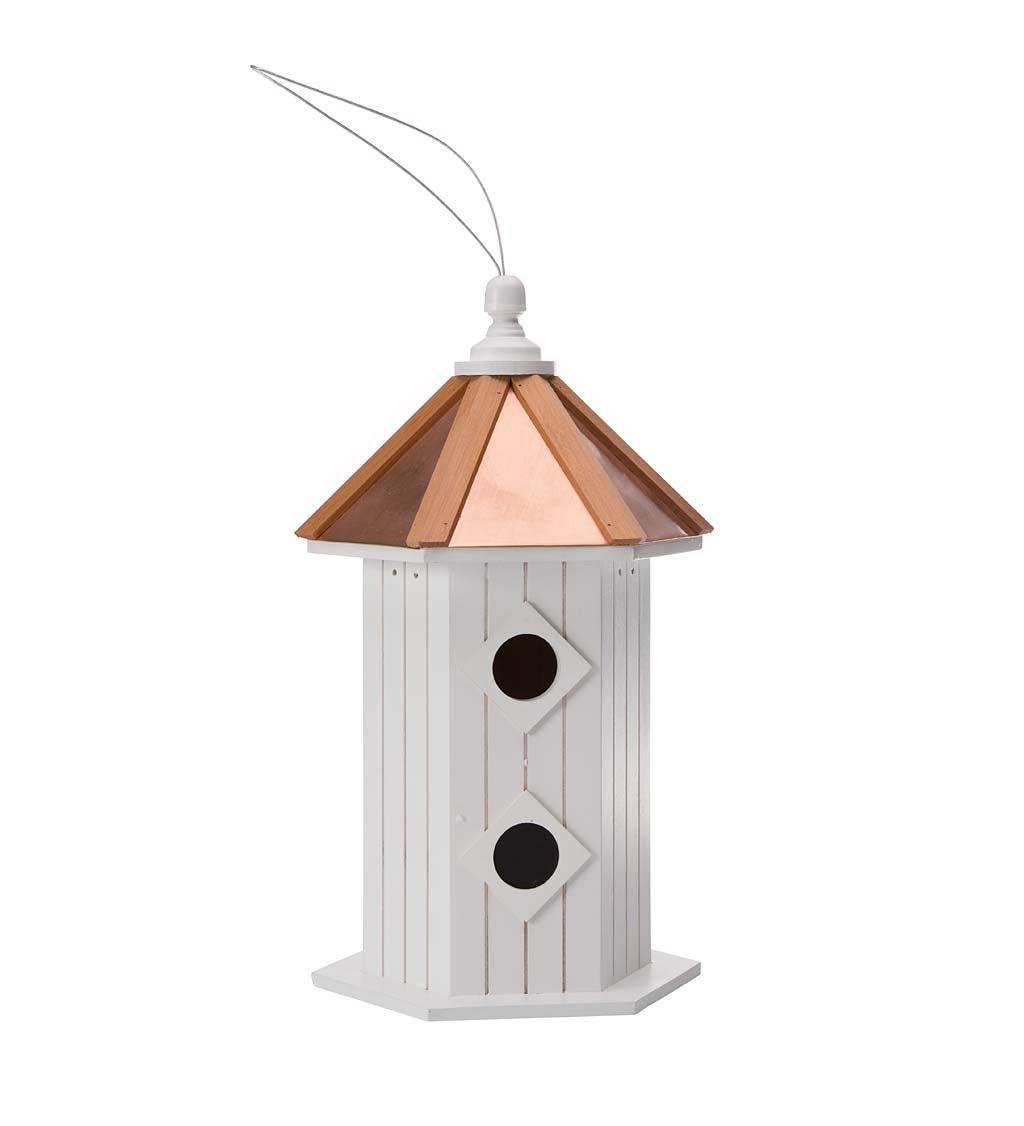 Skyler White Wood Birdhouse with Real Copper Roof with Cedar Trim