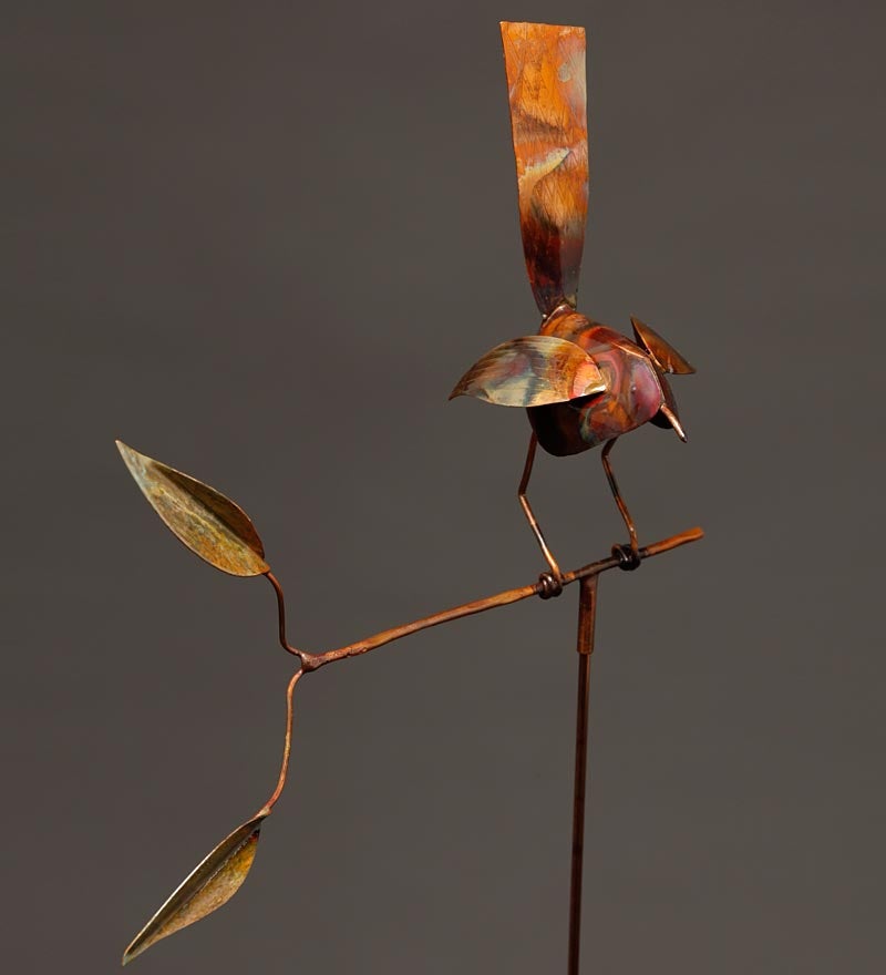 Copper Bird on Branch With Garden Stake
