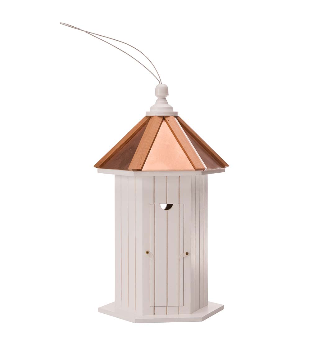 Skyler White Wood Birdhouse with Real Copper Roof with Cedar Trim
