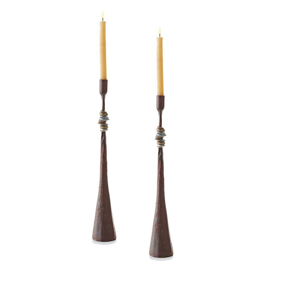 Handcrafted Iron Candle Holders with Metal Rings and Beeswax Candles, Set of 2