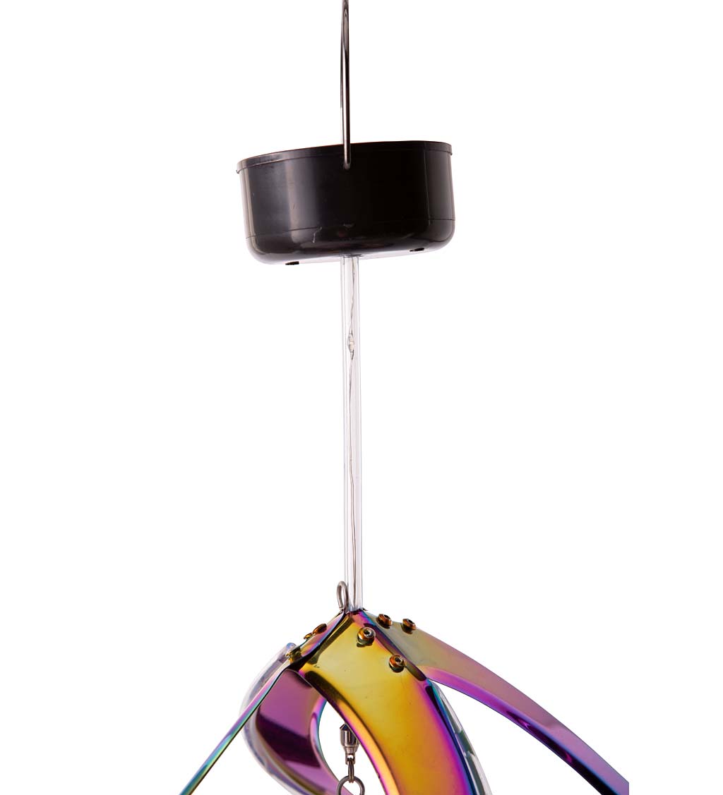 Rainbow Iridescent Double Helix Hanging Metal Wind Spinner with Solar-Powered LED Lights