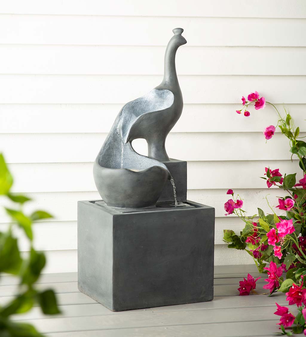 Lighted Cement Contemporary Peacock Sculpture Fountain