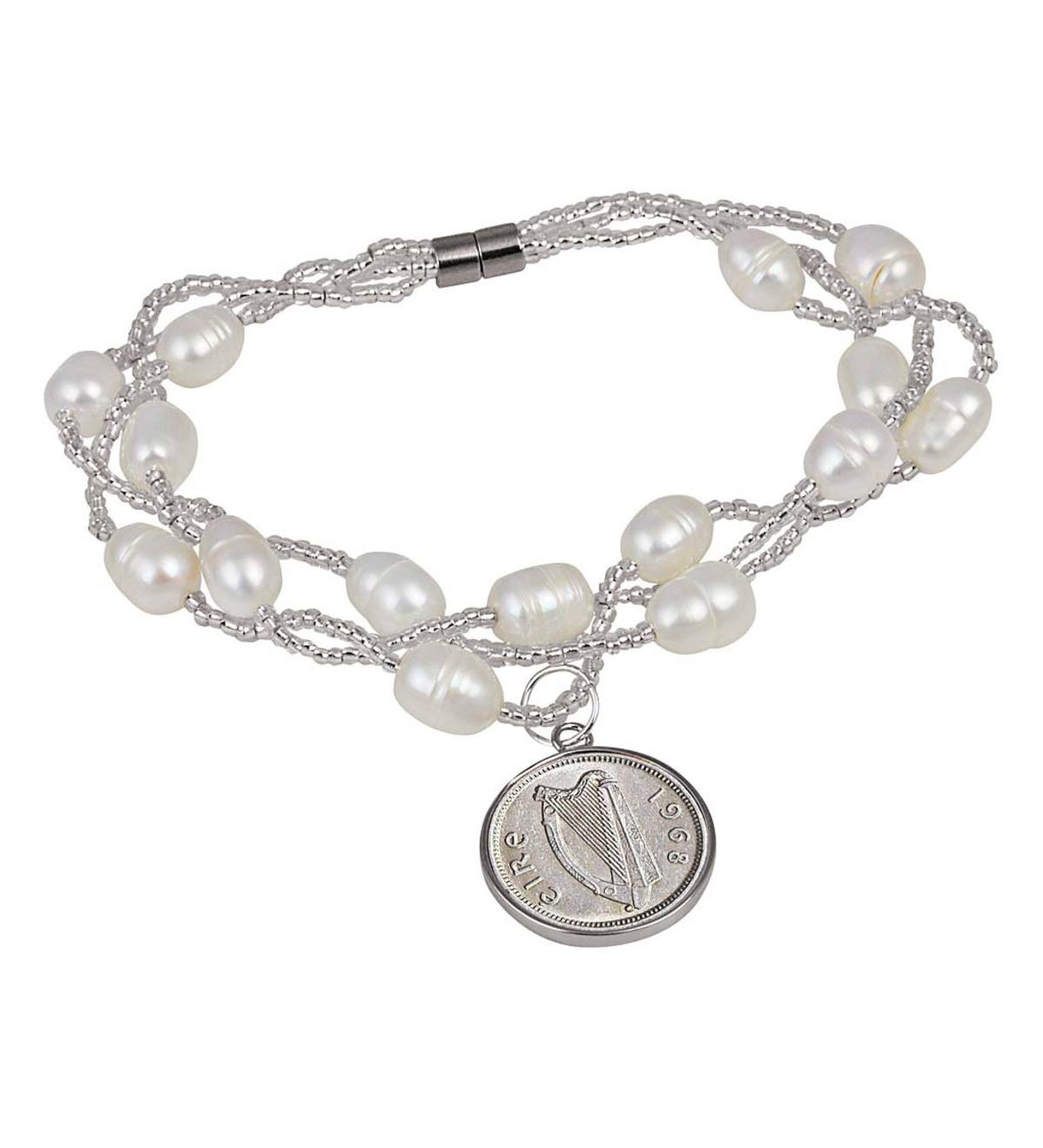 Lucky Irish Coin and Cultured Pearl Triple-Strand Bracelet