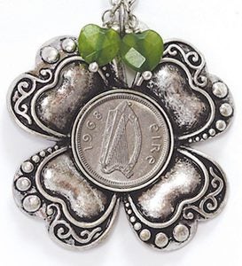 Irish Threepence Four Leaf Clover And Green Heart Charms Pendant With Chain