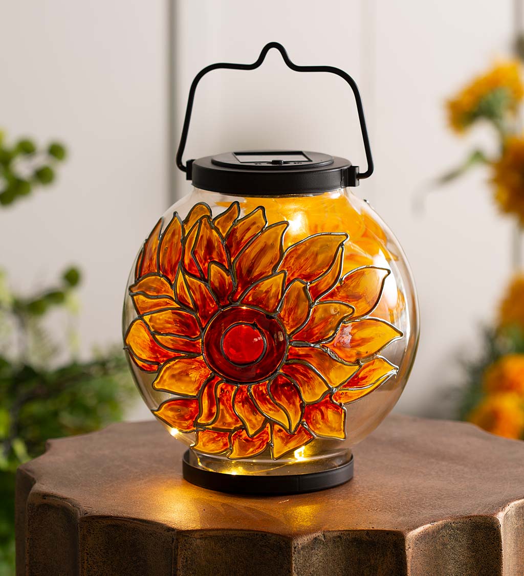 Solar-Powered Glass Lantern with Painted Sunflowers
