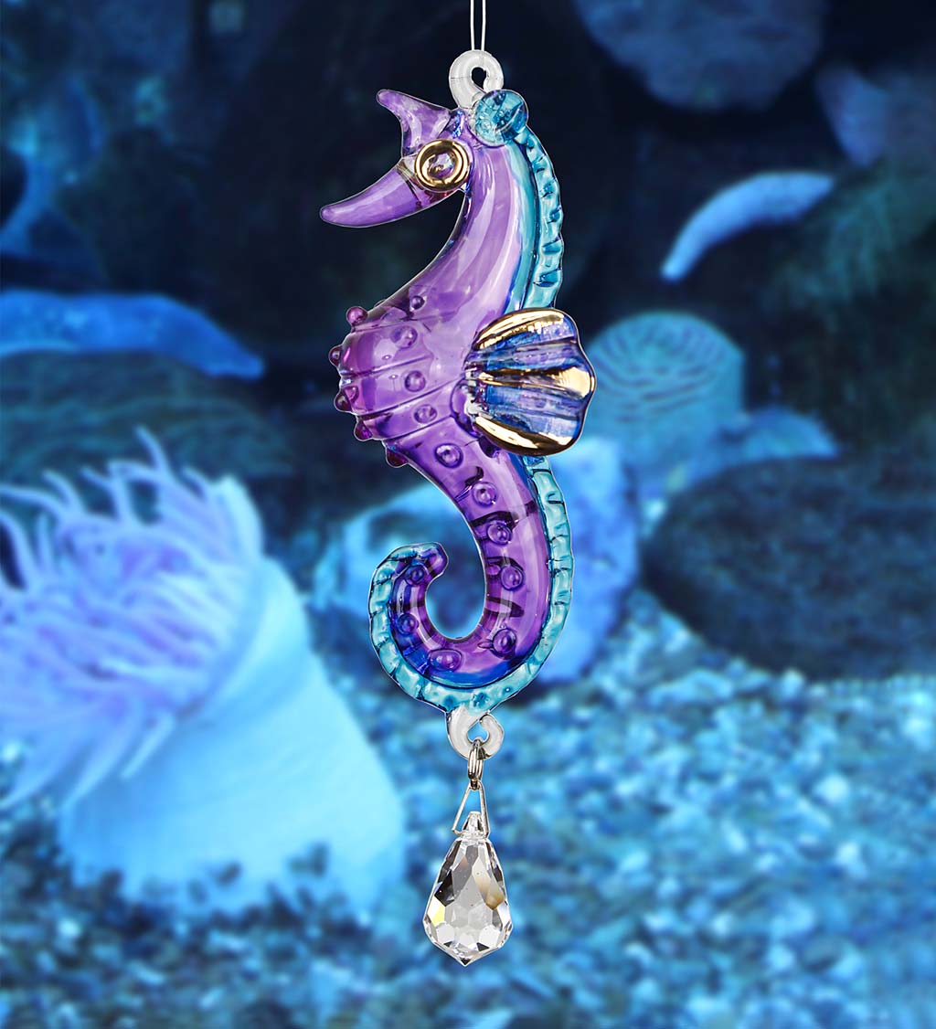 Handcrafted Glass Tropical Seahorse Sun Catcher with Crystal