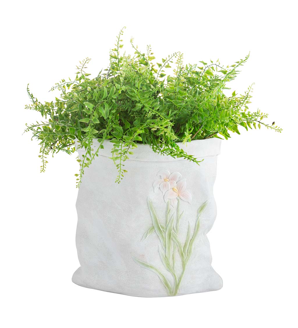 Weather-Resistant Resin Rumpled Bag Planter with Iris Design