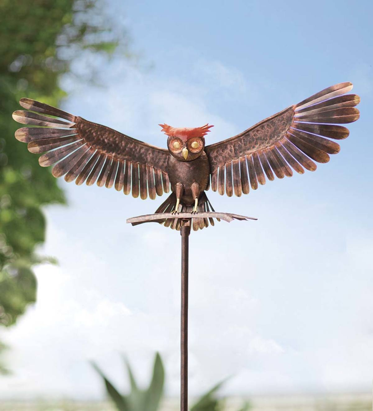 Handcrafted Bronze-Colored Metal Owl Garden Sculpture on Stake