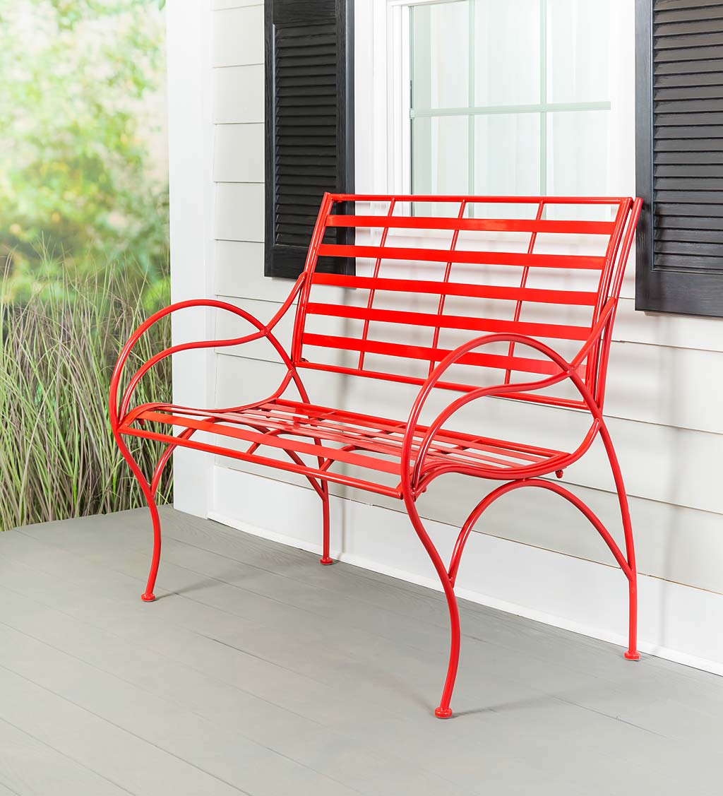 Red Metal Slat-Seat Garden Bench