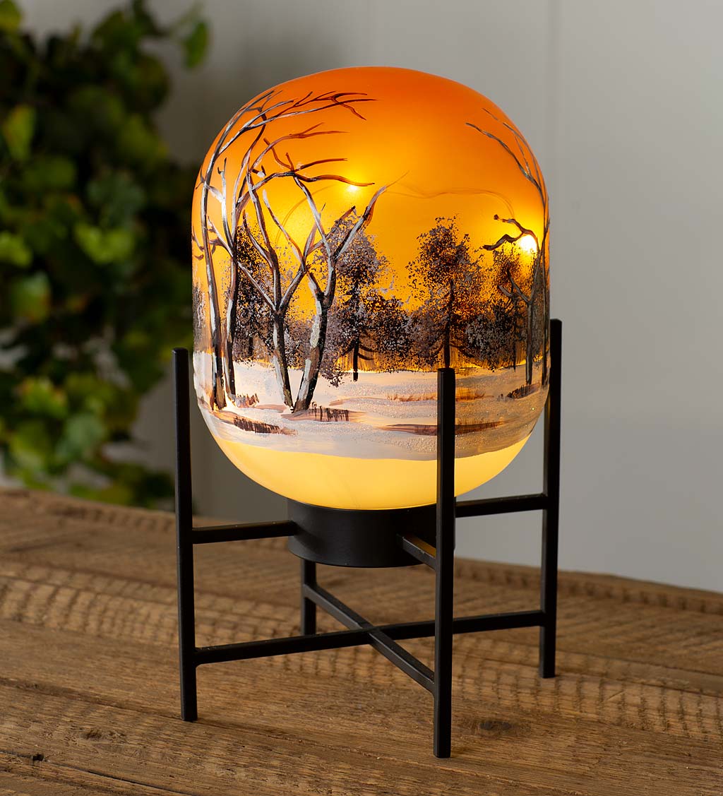 Battery-Operated Glass Fall Scene Lantern on Metal Stand