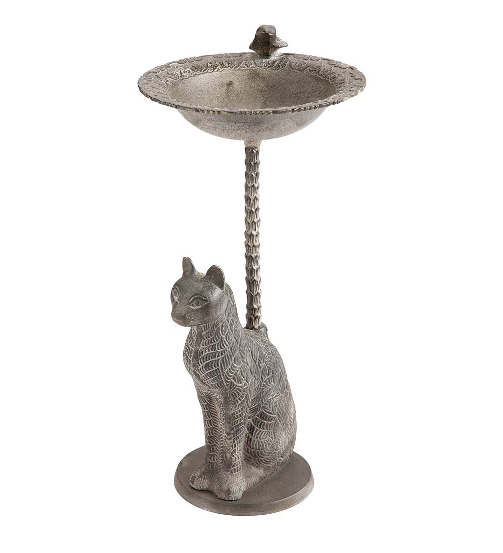 Aluminum Birdbath with Cat and Bird in Antiqued Finish