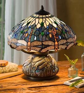 Tiffany-Style Stained Glass Table Lamp with Dragonfly Motif and Metal Base