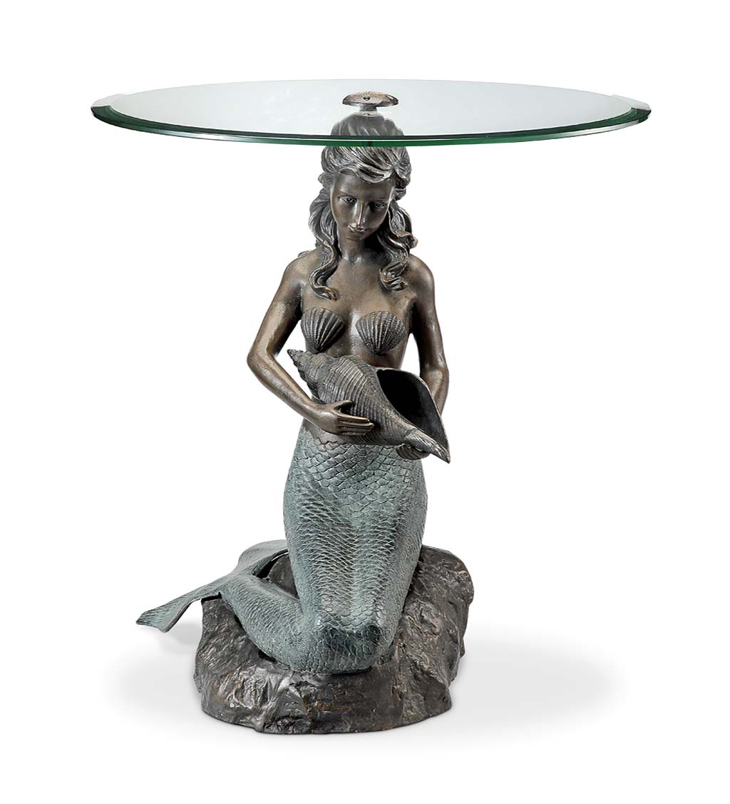 Cast Aluminum Mermaid Table in Bronze and Patina Finish with Round Glass Top