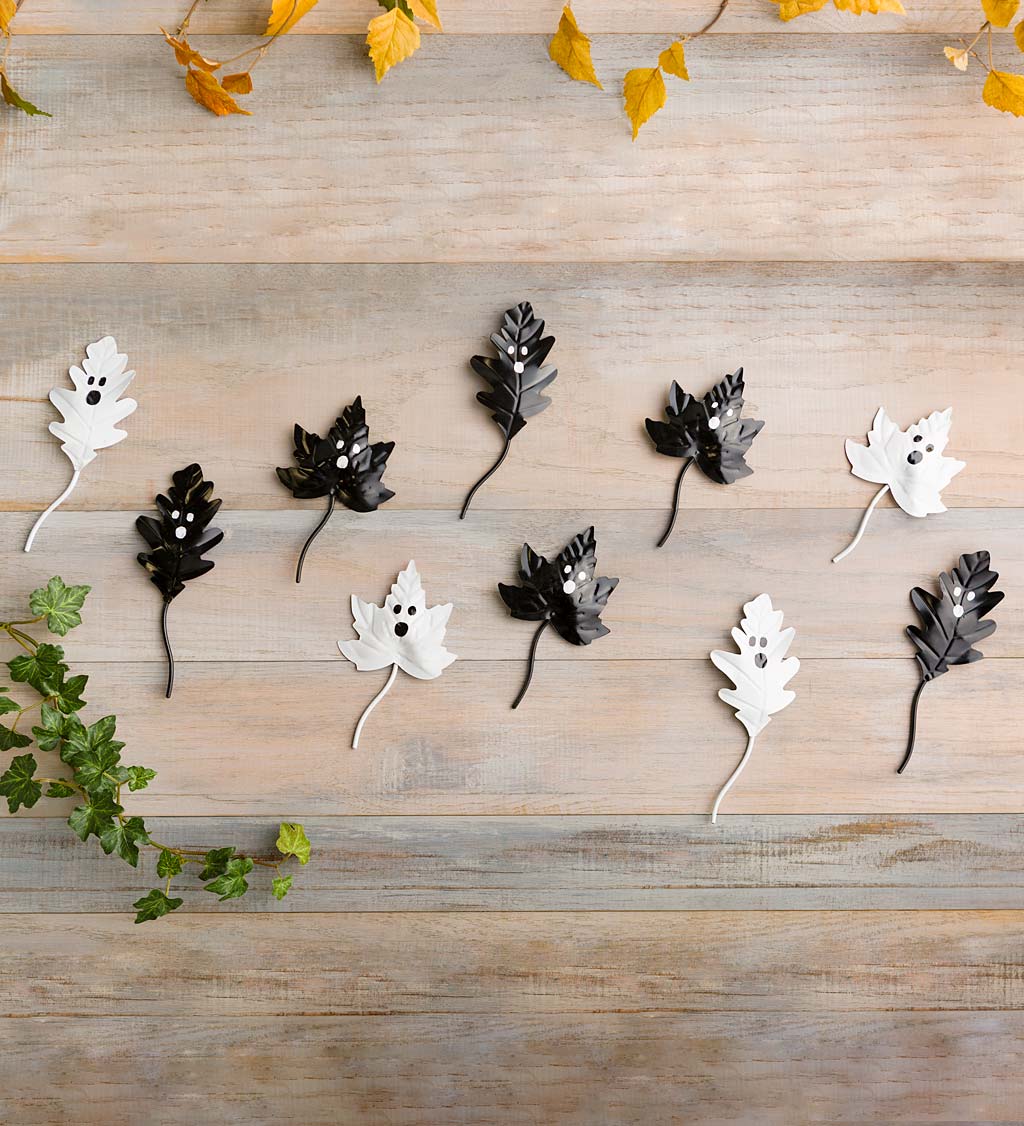 Handcrafted Black and White Metal Leaves with Ghost Faces, Set of 5 ...