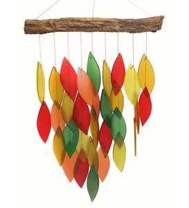 Autumn Colors Glass Leaves Wind Chime on Driftwood Stick