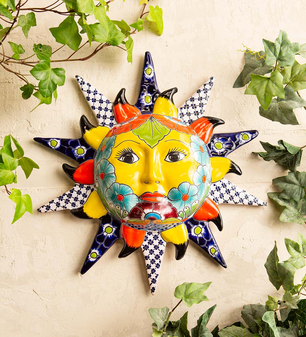 Handcrafted Clay Ceramic Sun Wall Art Painted in Traditional Mexican Talavera Style