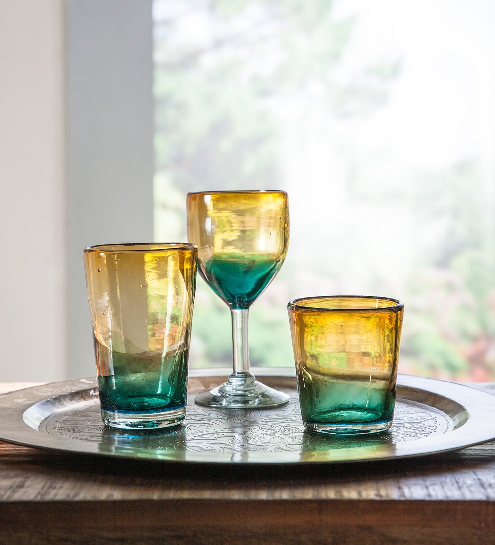 Handcrafted Green and Amber Ombré Glassware Collection