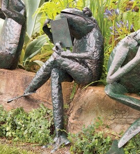 Reading Frog Metal Yard Sculpture