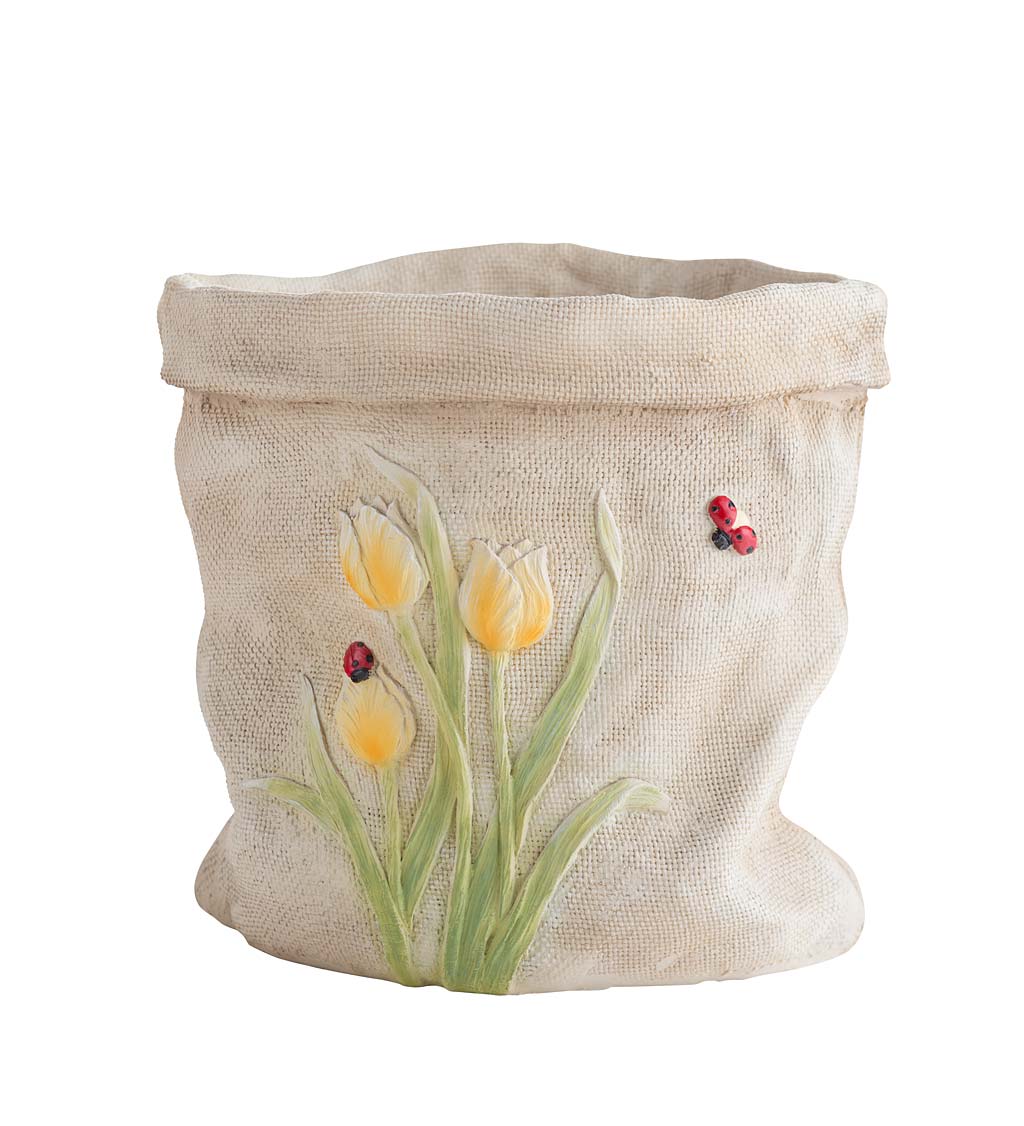 Weather-Resistant Resin Rumpled Bag Planter with Tulip Design swatch image