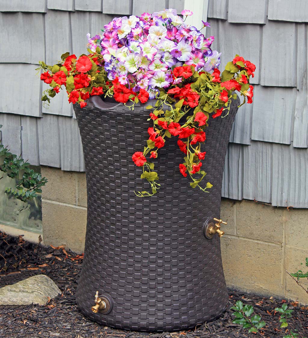 50-Gallon Wicker-Look Made in the USA Rain Barrel With Planter Top