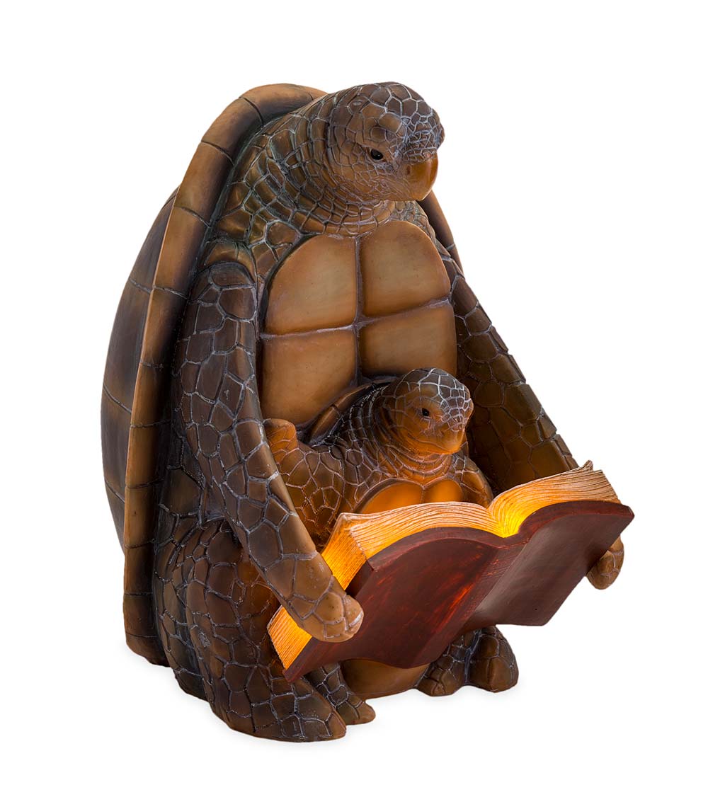 Solar Lighted Reading Mama and Baby Turtles Sculpture