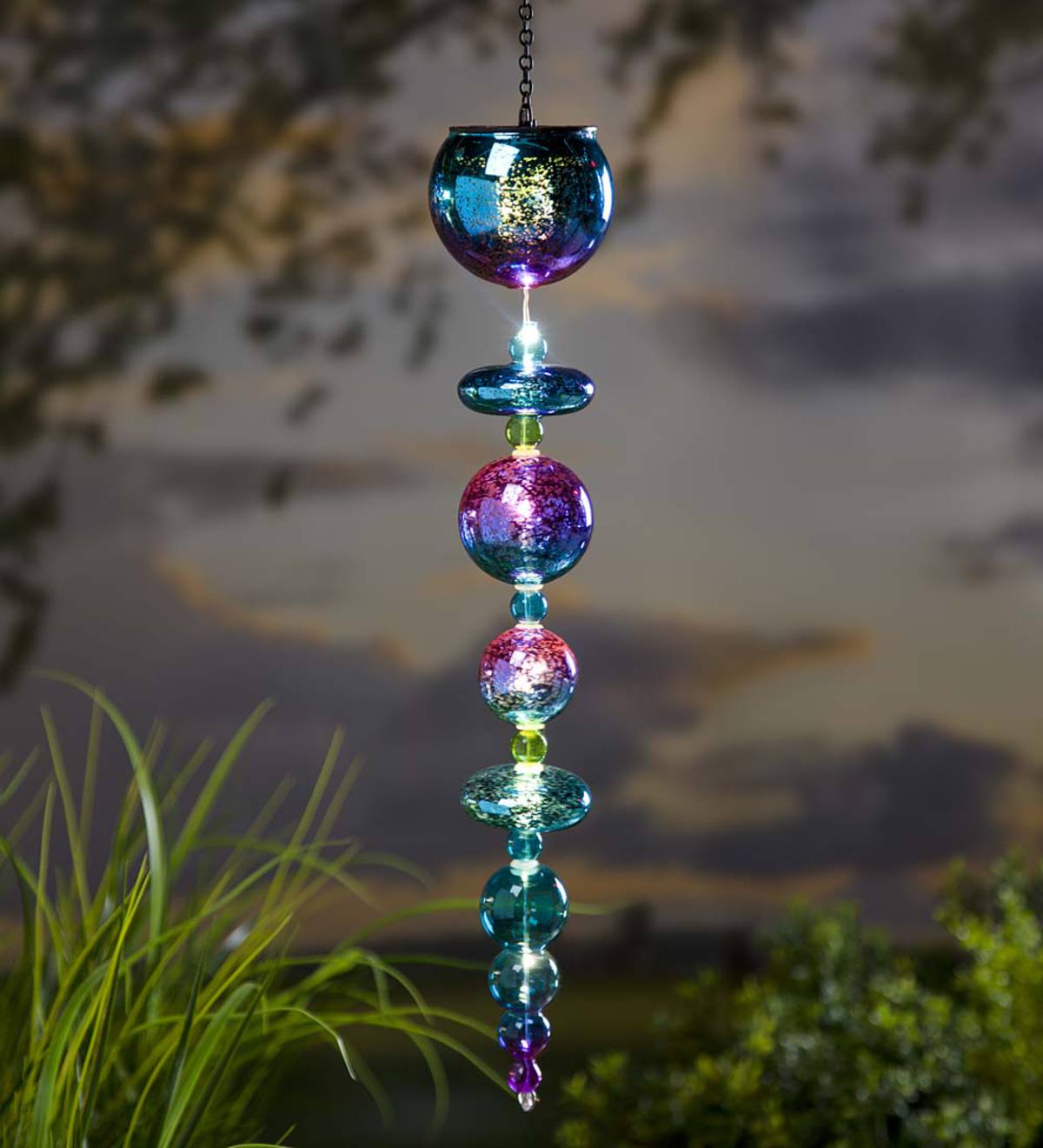 Hanging Colorful Mercury Glass Ornament with Solar-Powered Light