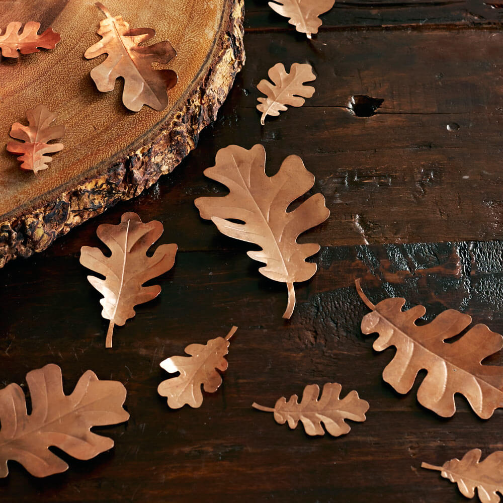 Handcrafted Decorative Copper Oak Leaves in Various Sizes, Set of 10