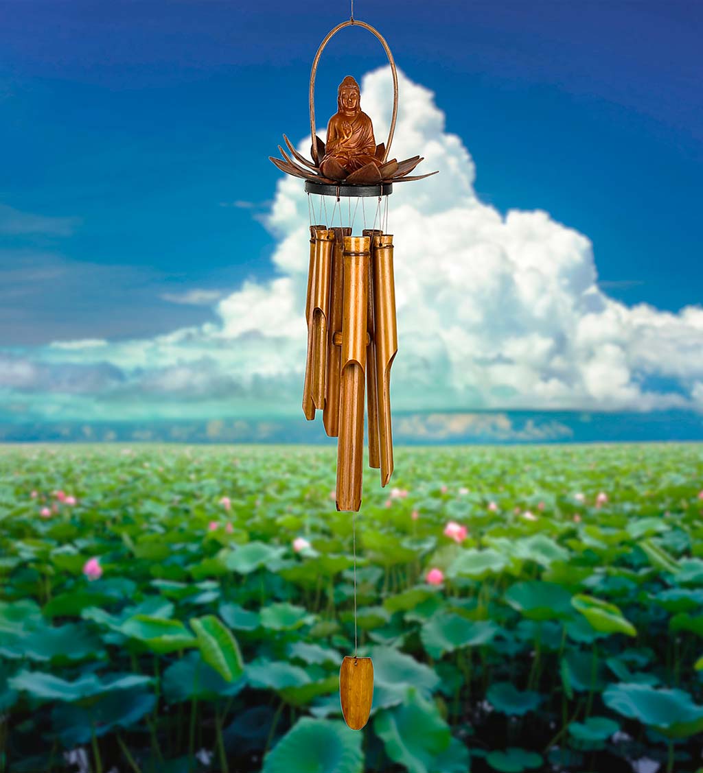Handcrafted Seated Buddha in Lotus Bamboo Wind Chime