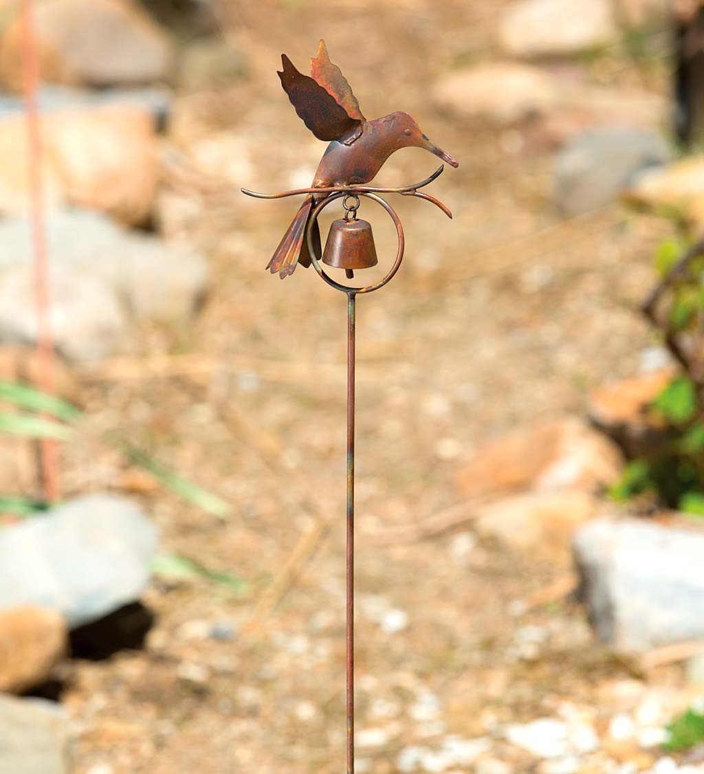 Flamed Copper Hummingbird Garden Stake with Bell