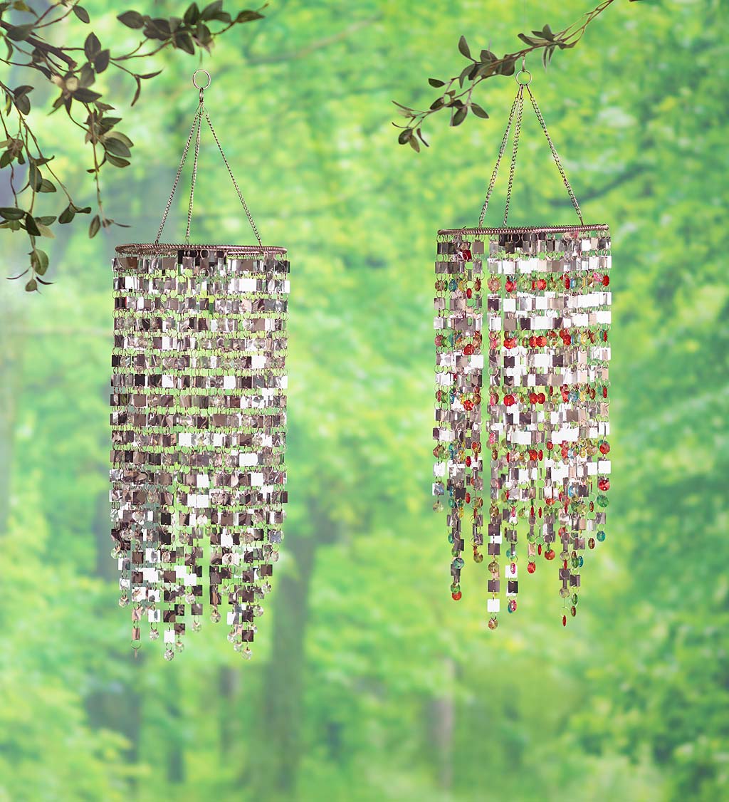 Silver and Multi-Colored Mirrored Outdoor Chandelier with Solar Lights
