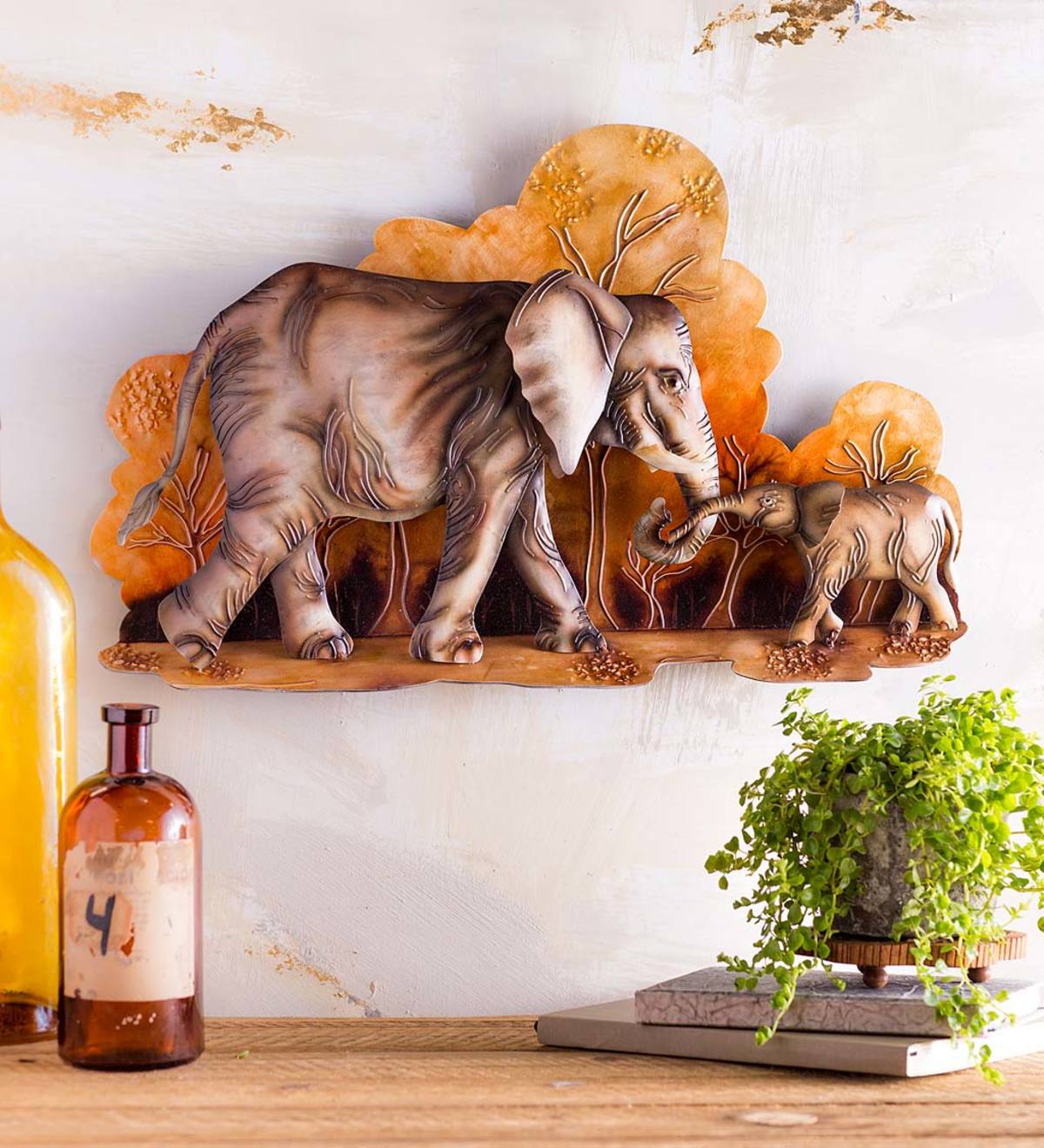 Handcrafted Metal Elephant Mother and Baby Indoor Wall Art