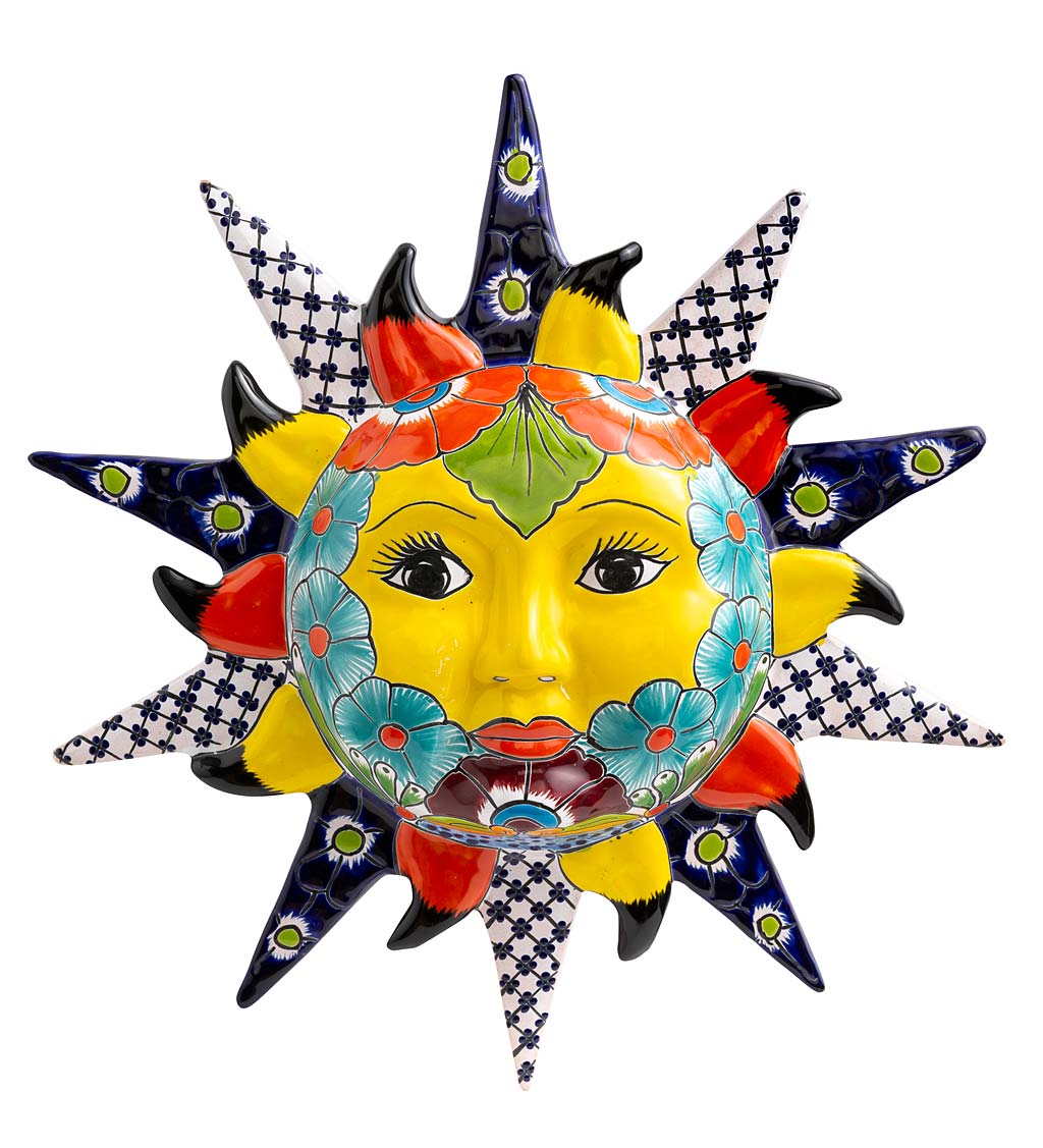 Handcrafted Clay Ceramic Sun Wall Art Painted in Traditional Mexican Talavera Style
