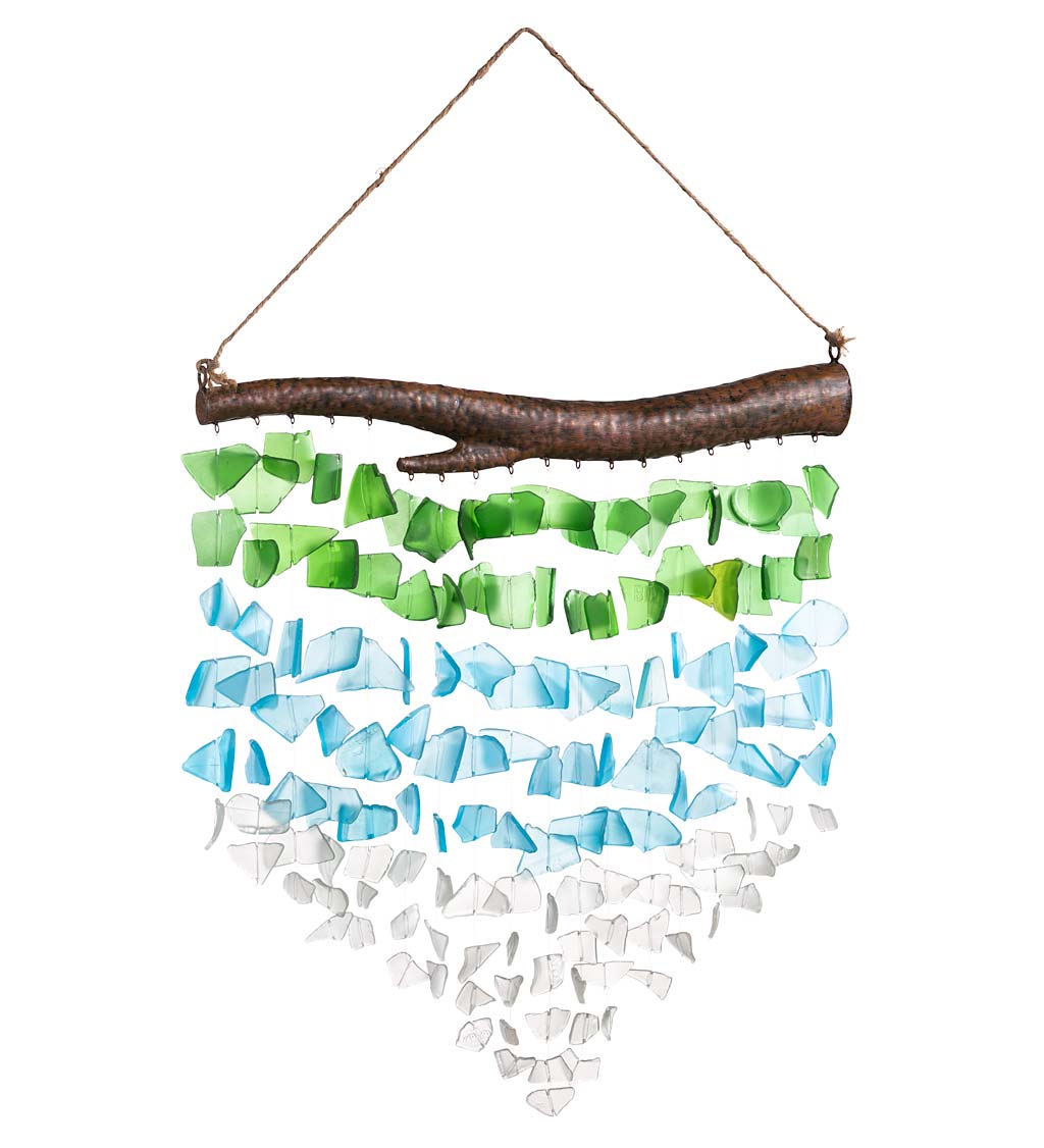 Handcrafted Recycled Glass Hung From a Metal Branch Ocean Waves Wind Chime