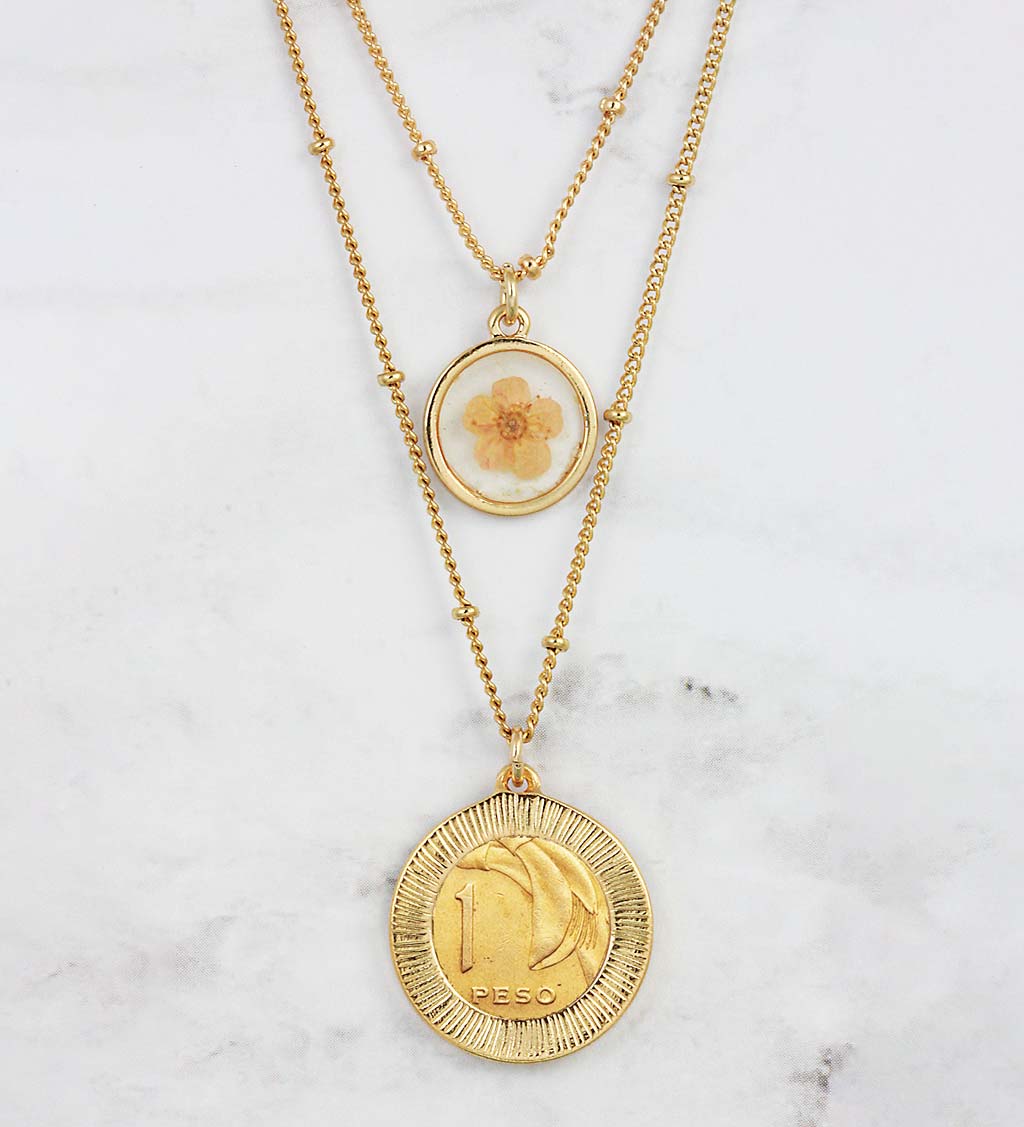 Dual Charm Radiant Sun Coin and Dried Flower Necklace