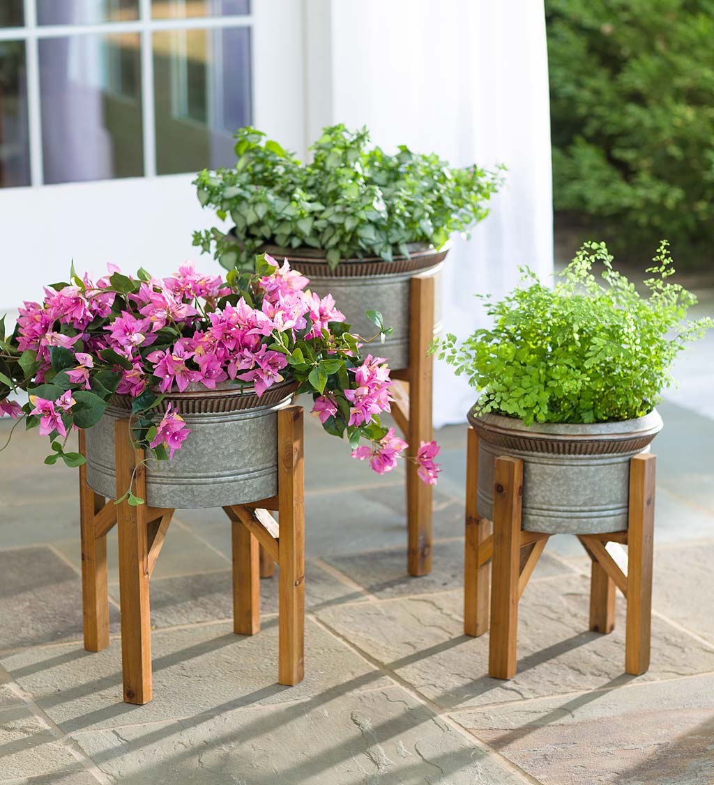 Galvanized Metal Planters with Wooden Stands, Set of 3