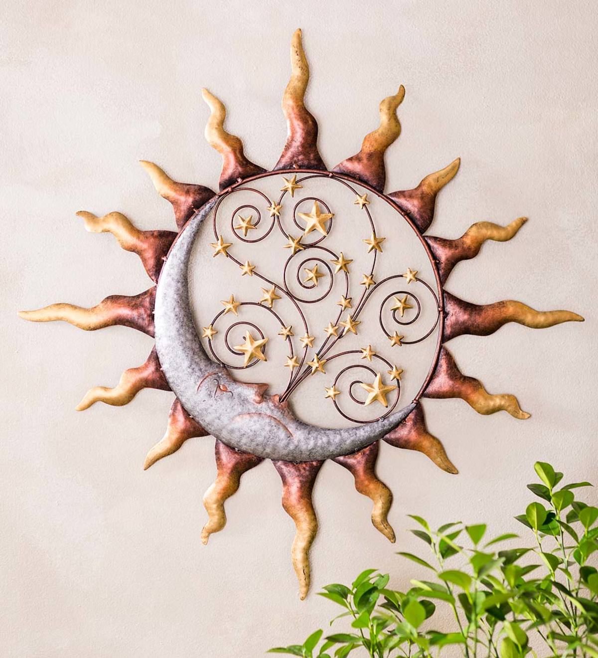 Handcrafted Metal Sun, Stars and Blowing Moon Wall Art | Wind and 